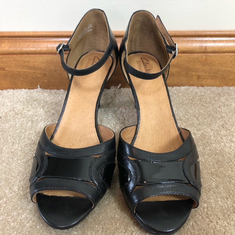 Clarks | Artisan Black Peep Toe Heels Size 9